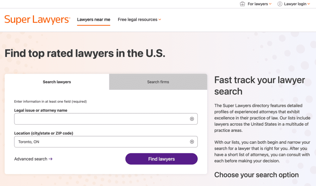 A website page from Super Lawyers showing a search tool to find top-rated lawyers in the U.S., with fields for legal issue or attorney name and location, plus a "Find lawyers" button and a sidebar about fast lawyer searches.