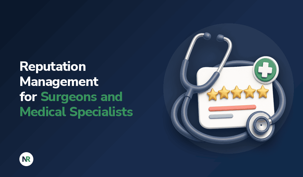 Text reads: “Reputation Management for Surgeons and Medical Specialists,” shown next to a 3D icon of a stethoscope and a five-star review card with a medical cross.