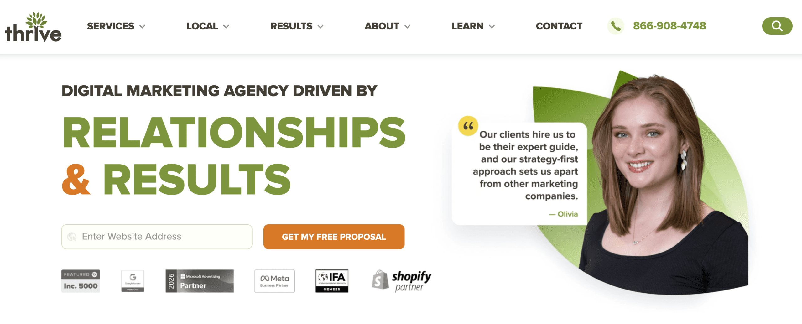 Screenshot of Thrive’s website homepage featuring the headline "Digital Marketing Agency Driven By Relationships & Results," a smiling woman, a customer testimonial, contact details, and a form to request a free proposal from leading reputation management companies.