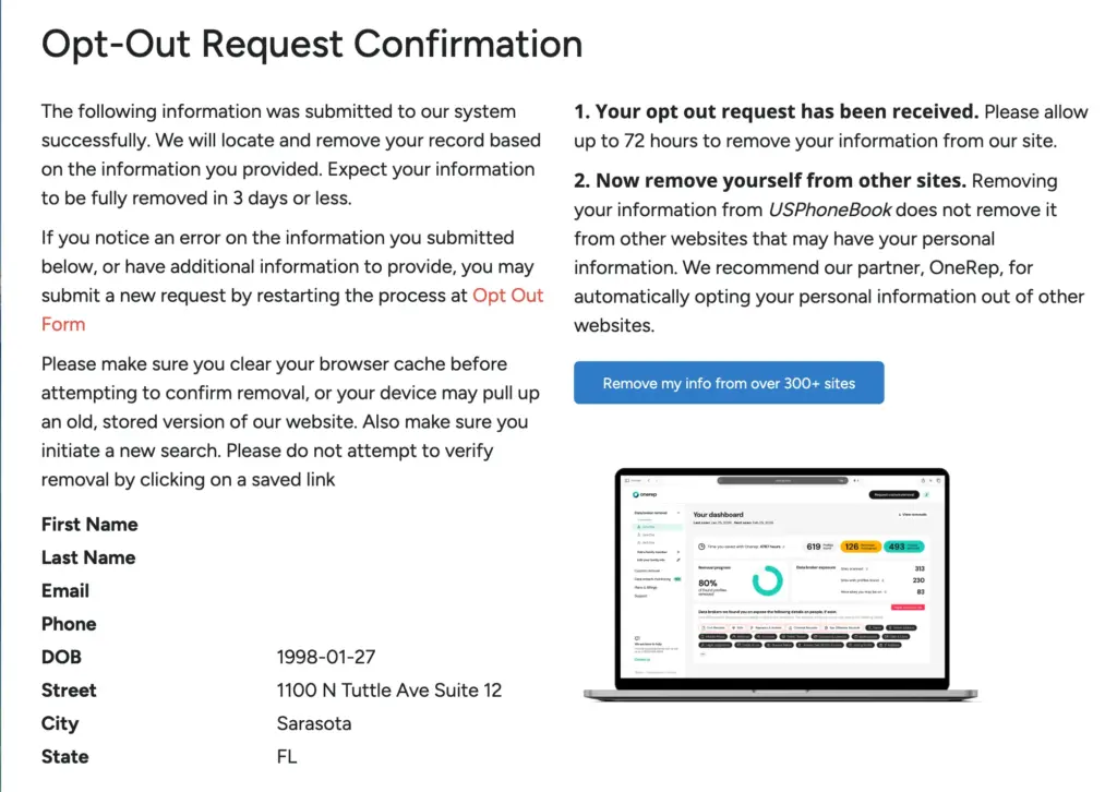 Screenshot of a USPhoneBook Opt Out request confirmation page, displaying personal details, instructions to remove information from other sites, and a blue button labeled “Remove my info from over 300+ sites.”.