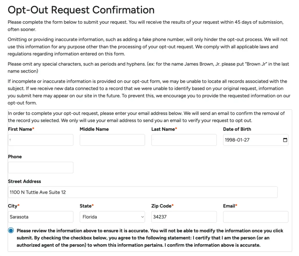 A form titled “Opt-Out Request Confirmation” asks for personal details such as first name, middle name, last name, date of birth, phone, street address, city, state, and zip code. This form is part of the USPhoneBook Opt Out process and includes a confirmation checkbox.