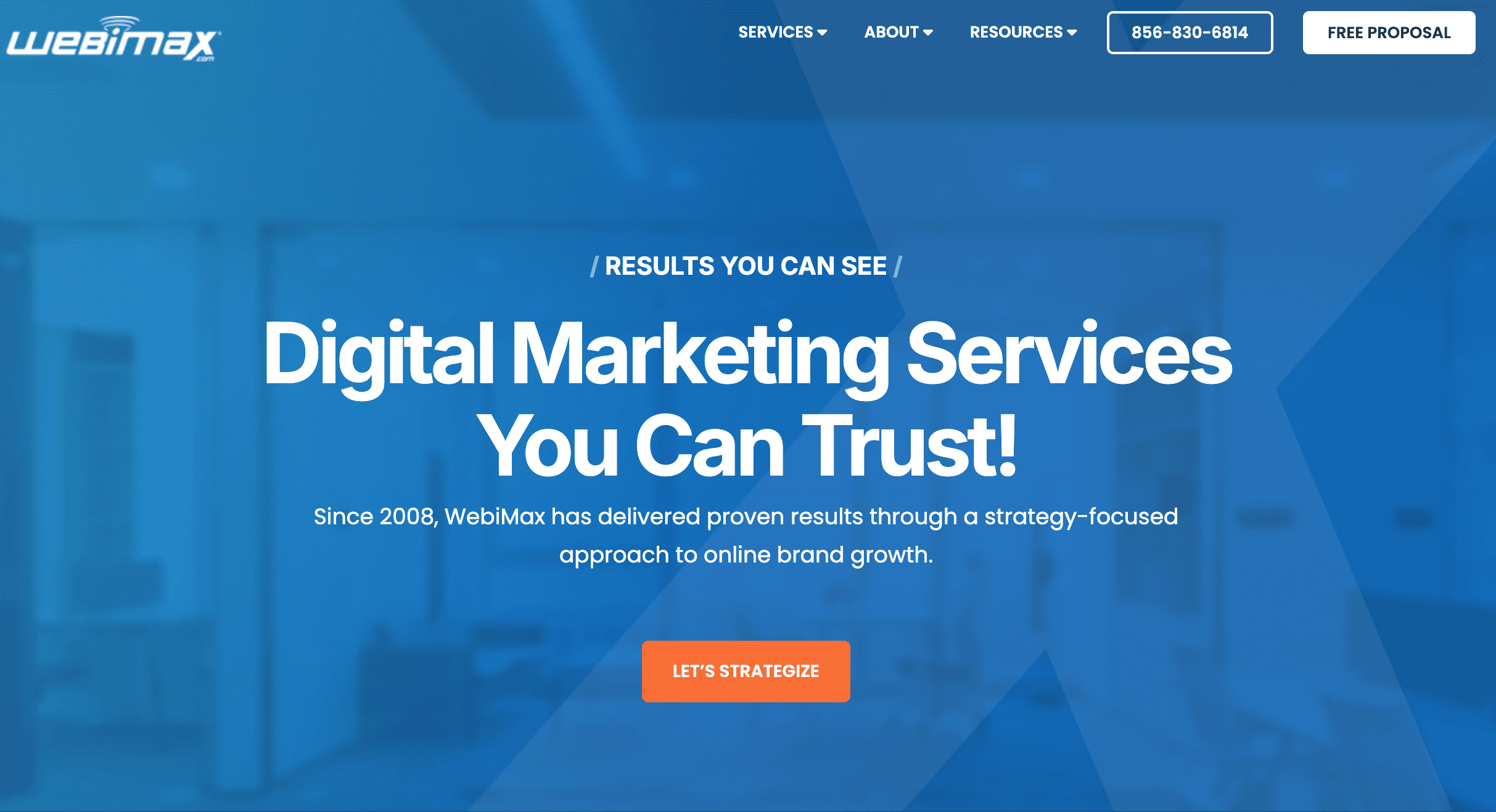 A website homepage for WebiMax displays "Digital Marketing Services You Can Trust" in large text with a blue background, navigation menu, phone number, and a prominent orange "Let's Strategize" button, highlighting their expertise as reputation management companies.