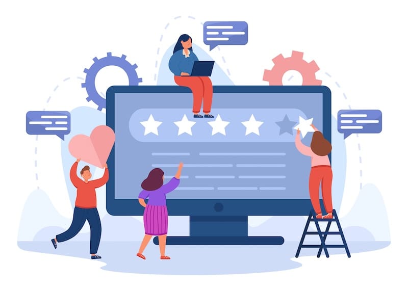 An illustration of four people interacting with an oversized computer monitor displaying a five-star rating system. One person, embodying the brandyourself spirit, sits on top of the monitor with a laptop. Another stands on a ladder adjusting a star, while two others, one holding a heart shape, point at the screen.