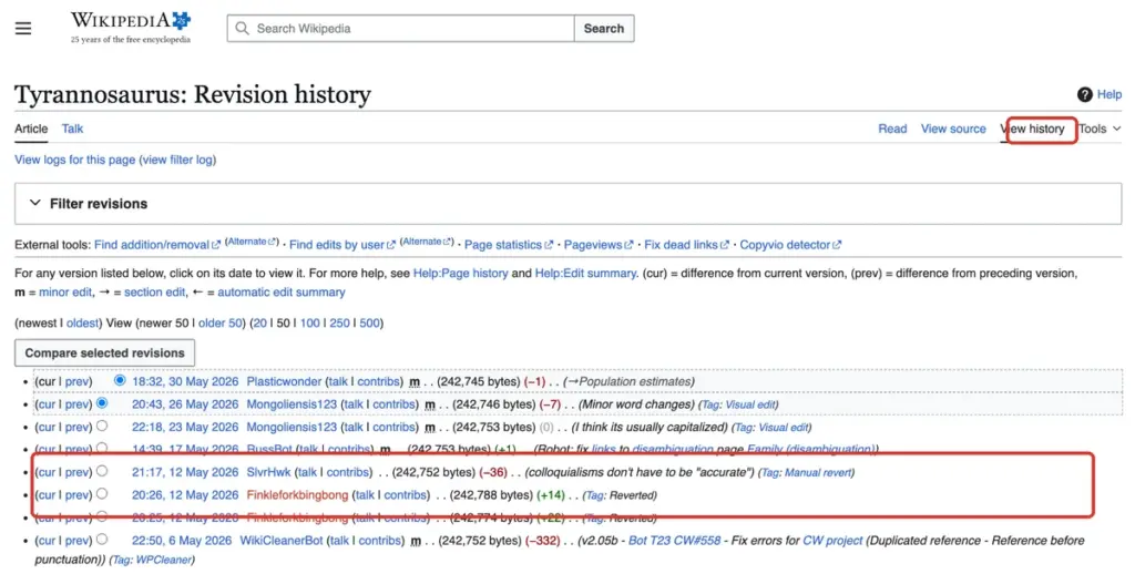 A screenshot of the Wikipedia "Tyrannosaurus: Revision history" page, showing recent edits. The "view history" tab and two edits are highlighted with red boxes on the Wikipedia interface. Usernames, timestamps, and edit summaries are visible.