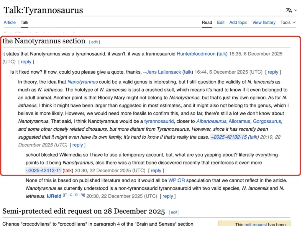 A Wikipedia talk page shows a highlighted discussion about Nanotyrannus, with multiple users on Wikipedia debating whether it is a valid genus or just a juvenile Tyrannosaurus, citing evidence and opinions.